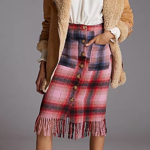 Anthropologie Dresses & Skirts - Anthropologie Maeve pink wool blend plaid fringe hem knee length pencil skirt